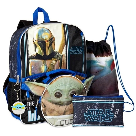 Star Wars Mandalorian Backpack & Lunch Box 5 Piece Set School Bag Baby Yoda NWT - Picture 1 of 4